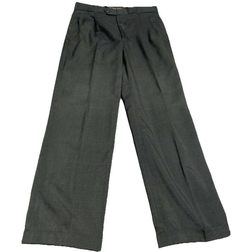 Hunting Horn Mens Dress Pants 33x29 Gray Blue Plaid Wool Blend Pleated Cuffed